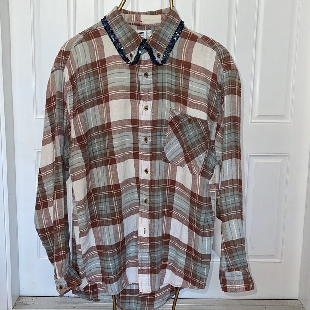 NWT FURST OF A KIND moss green burgundy plaid flannel with sequin trim collar